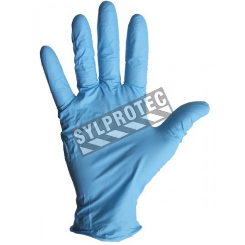 3.8 mils ambidextrous powder-free blue nitrile disposable gloves approved by the CFIA & AAC. Size: small (7) to XL (10)