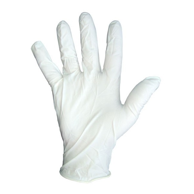 Gants de latex sans poudre d'une épaisseur de 5 mils, 9.5po de longueur, boite de 100 unités, de grandeur large.