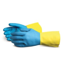 Latex and neoprene gloves, resistant to solvents, flock lined, 28 mil thick, 12” long, size large (9), 12 pairs/package.