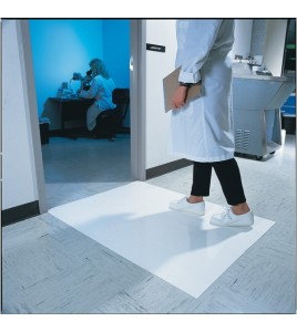 White tacky mat with 120 polyethylene disposable tacky sheets. Cleans shoe soles. 18"x 45”. 4 x 30 sheets.