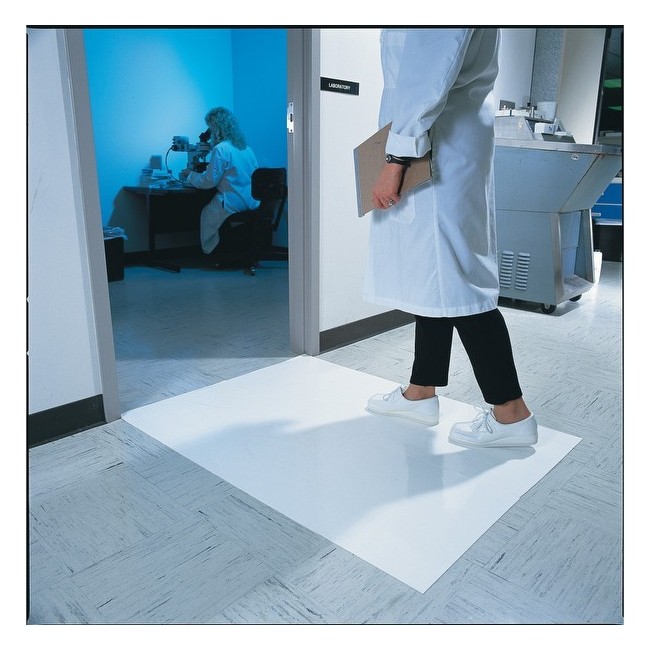 White tacky mat with 120 polyethylene disposable tacky sheets. Cleans shoe soles. 18"x 45”. 4 x 30 sheets.