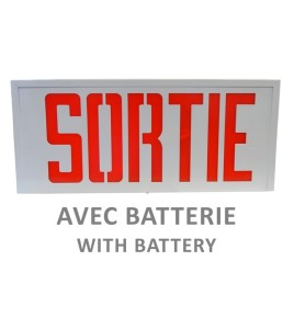 Emergency exit sign in French (“Sortie”), 120V with battery, certified CSA. Steel casing, simple or double face.