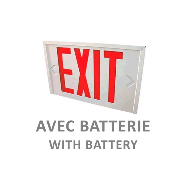 Enseigne en anglais «Exit» 120V avec batterie, approuvée CSA. Boîtier en acier, face simple ou double.