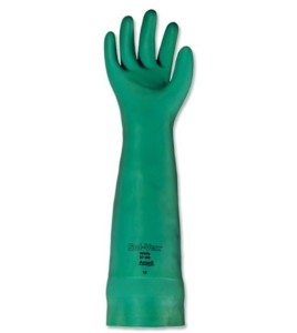 Long green nitrile gloves, resistant to chemicals, powder-free, 22 mils thick, size large (9).