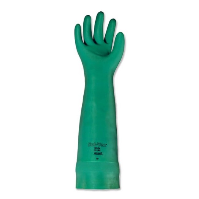 Long green nitrile gloves, resistant to chemicals, powder-free, 22 mils thick, size large (9).