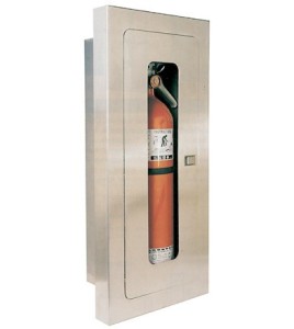 Semi-recessed built-in stainless steel cabinet for 10 lbs powder fire extinguishers. Great for food industry.