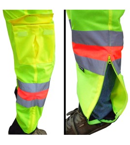 High-visibility pants for roadwork flaggers, compliant with new Transports Québec regulation. Size large (L).