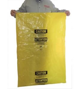 Sacs jaunes bilingues pour déchets d’amiante. Pour le transport de déchets dangereux. 33"x50", 100 sacs/rouleau.