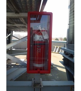 Surface-mounted outdoors plastic cabinet for 20 lbs extinguishers.