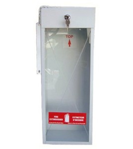 Surface-mounted steel cabinet for 5 lbs powder extinguishers.