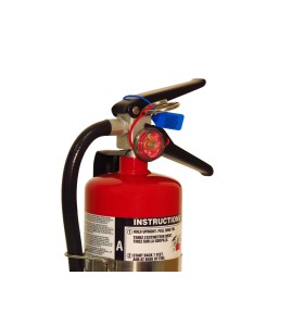 Portable fire extinguisher with powder, 5 lbs, type ABC, ULC 3A-40BC, with vehicle hook.