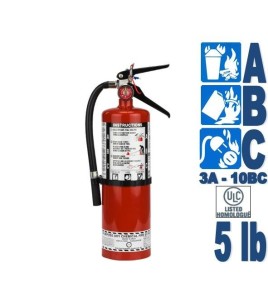 Portable fire extinguisher with powder, 5 lbs, type ABC, ULC 3A-40BC, with wall hook.