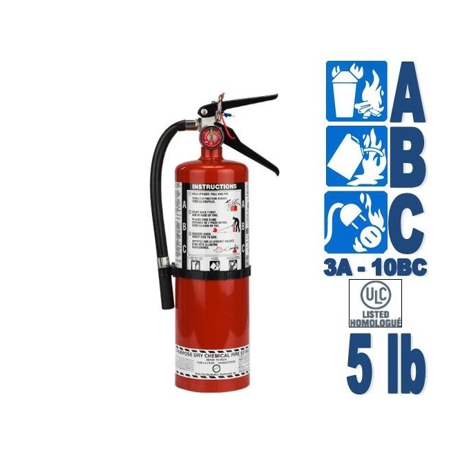 Portable fire extinguisher with powder, 5 lbs, type ABC, ULC 3A-40BC, with wall hook.