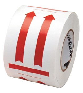 Label "DIRECTIONAL ARROW RED" 4 in x 6 in, roll  of 500. Allow to indicate the direction to move the box during shipping.