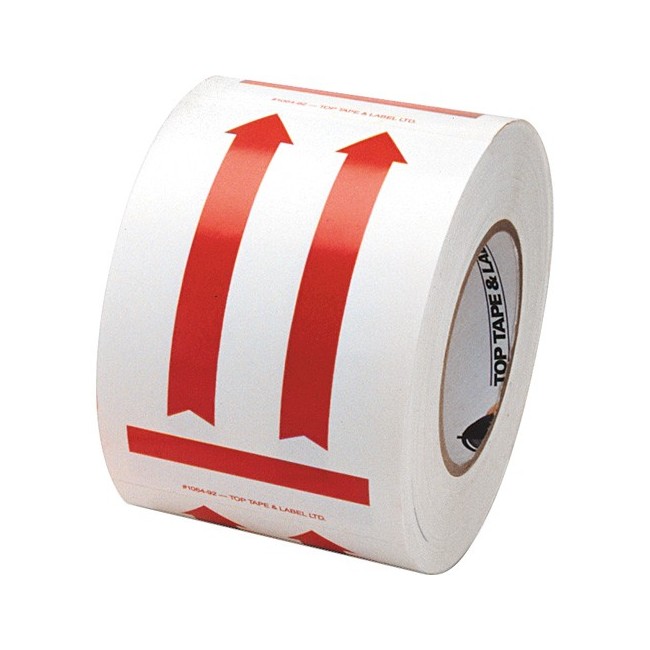 Label "DIRECTIONAL ARROW RED" 4 in x 6 in, roll  of 500. Allow to indicate the direction to move the box during shipping.