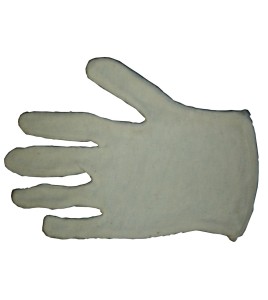 Form-fitting one-size-fits-all unbleached polycotton-jersey knit inspector gloves for women approved by the CFIA. 12 pairs/pack.