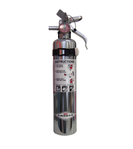 Portable fire extinguisher with powder, chromed, 2.5 lbs type ABC, ULC 1A-10BC, with vehicle hook.