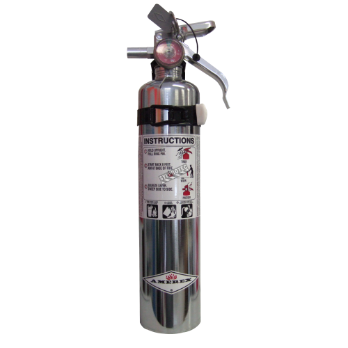 Portable fire extinguisher with powder, chromed, 2.5 lbs type ABC, ULC 1A-10BC, with vehicle hook.