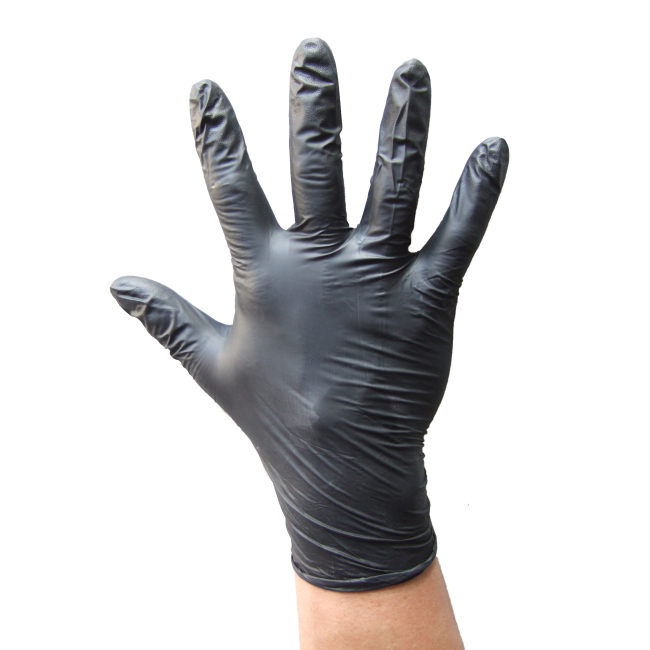 6 mils ambidextrous powder-free black nitrile disposable gloves. AQL of 1,5 granted by CGSB. Size: small (7) to XX-large (11)