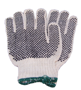 Cost-effective 7-gauge two side PVC dotted polycotton string knit gloves approved by the CFIA. Size: X-small (6) to X-large (10)