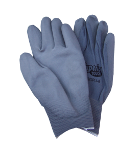 Gray nylon gloves coated with polyurethane for great dexterity, 12 pairs/package.