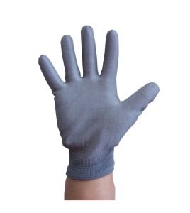 Gray nylon gloves coated with polyurethane for great dexterity, 12 pairs/package.