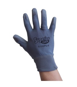 Gray nylon gloves coated with polyurethane for great dexterity, 12 pairs/package.