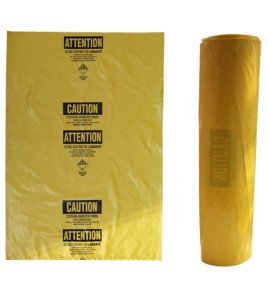 Statutory bilingual yellow bag for asbestos waste. Allows safe transportation of hazardous waste to landfills. 3 mils, 33"x50"