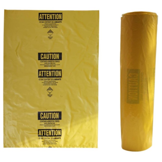 Statutory bilingual yellow bag for asbestos waste. Allows safe transportation of hazardous waste to landfills. 3 mils, 33"x50"