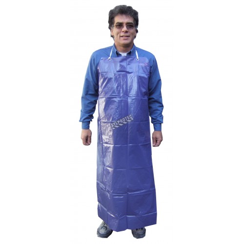 Economical blue PVC apron, 35 inches X 45 inches, 5 mils thick. Sold by dozen.