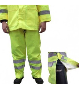 High visibility fluorescent yellow rain pants with silver reflective stripes.