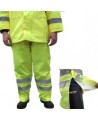 High visibility fluorescent yellow rain pants with silver reflective stripes.