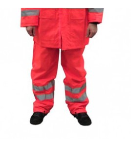 High visibility fluorescent orange rain pants with silver reflective stripes.