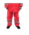 High visibility fluorescent orange rain pants with silver reflective stripes.