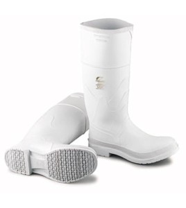 Waterproof white PVC boots with steel toes and anti-slip soles,   compliant with ASTM F2413-05 standards.