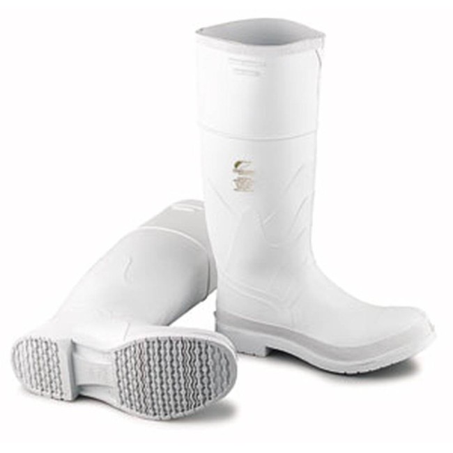 Bottes imperméables blanches en PVC avec caps d'acier et semelles anti-glisse, conformes aux normes ASTM F2413-05.