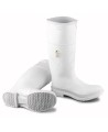 Waterproof white PVC boots with steel toes and anti-slip soles,   compliant with ASTM F2413-05 standards.