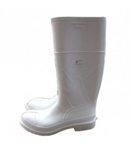 Waterproof white PVC boots with steel toes and anti-slip soles,   compliant with ASTM F2413-05 standards.