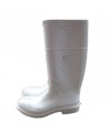 Waterproof white PVC boots with steel toes and anti-slip soles,   compliant with ASTM F2413-05 standards.