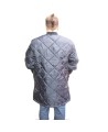 Long quilted refrigerator coat with 2 pockets and snap buttons.