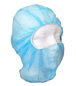 Disposable balaklava hood made of blue polypropylene, latex free, 500/case.