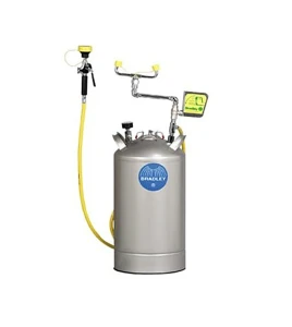 Portable eyewash station with handheld spray hose, 10 gallon (37.9 L) pressurized tank, certified ANSI Z358.1-2009.