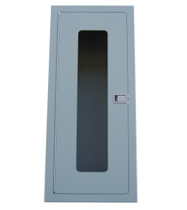 Semi-recessed built-in cabinet for 10 lbs powder fire extinguishers, pre-painted flat gray.