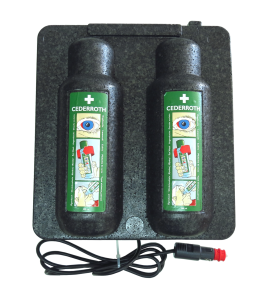 Heating cabinet for two bottles of Cederroth eyewash solution, 500 ml format.