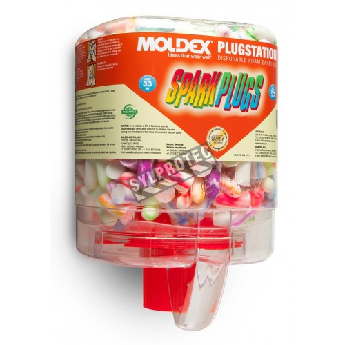 Moldex PlugStation dispenser of SparkPlugs uncorded earplugs, 33 dB, 250 pairs included.