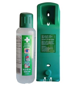 Wall holder for Cederroth emergency eye wash solution (500 ml).