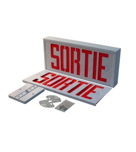 Emergency exit sign in French (“Sortie”), 120V with battery, certified CSA. Steel casing, simple or double face.