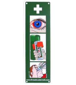 Wall holder for Cederroth emergency eye wash solution (500 ml).