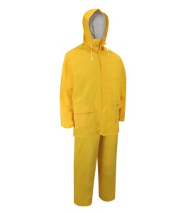 Yellow PVC three-piece rain suit (coat, hood, bib overalls), size large (L).