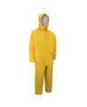 Yellow PVC three-piece rain suit (coat, hood, bib overalls), size large (L).